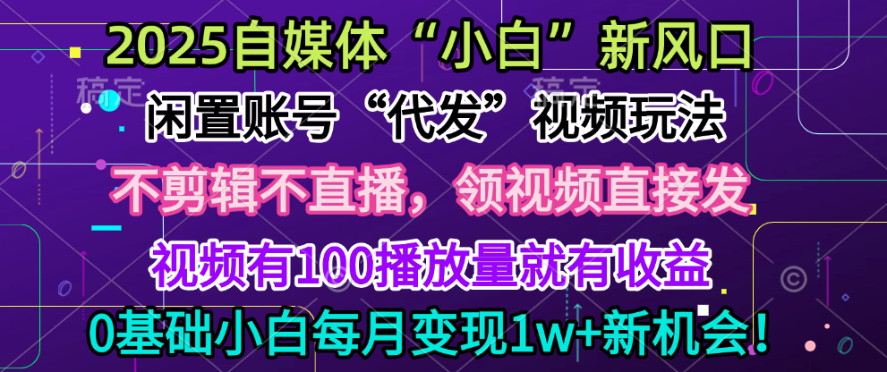 2025每月**5w+新机会，闲置视频账号一键代发玩法，0粉不实名不剪辑，领了视频直接发，0基础小白也能日入300+插图