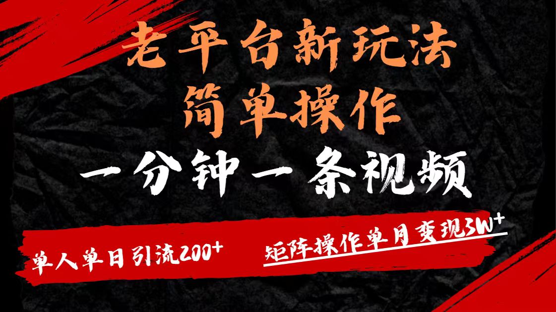 老平台，新玩法，简单操作，一分钟一条视频，单人单人引流200+矩阵操作，单月变现3W插图
