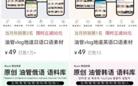 小红书卖油管vlog日语英语俄语韩语口语素材语料库，变现百万